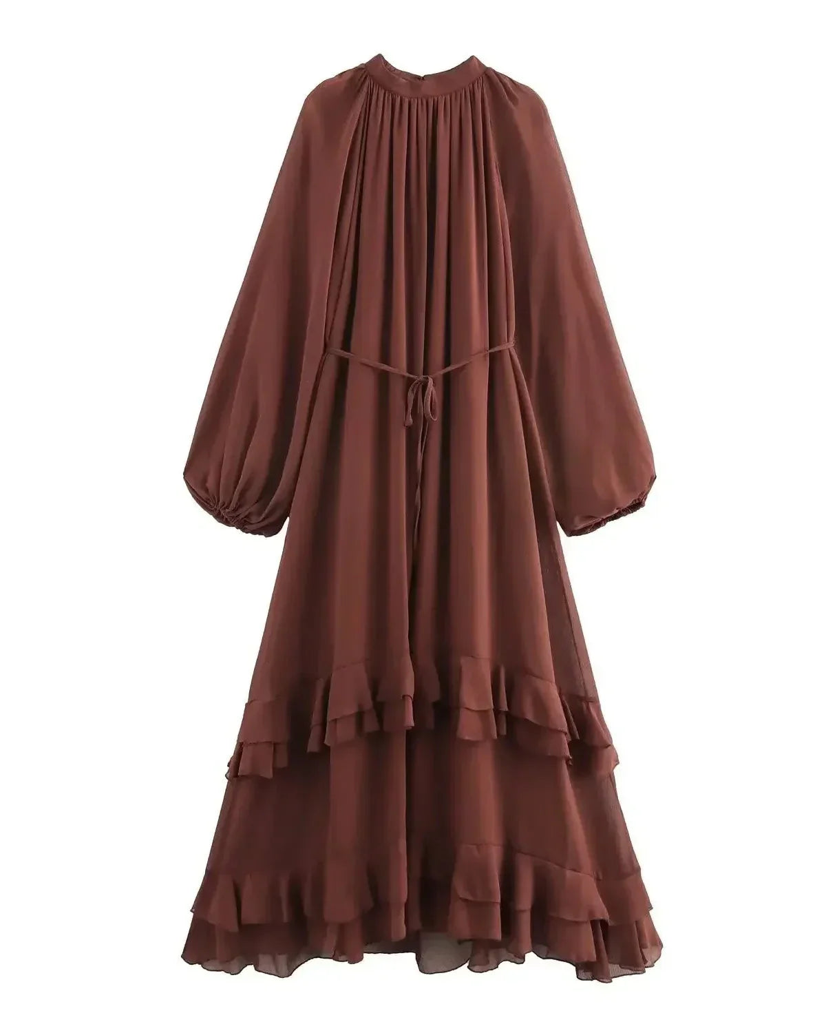 Vestido Elegante com Babados – Manga Longa, Alças Ajustáveis e Bainha Irregular